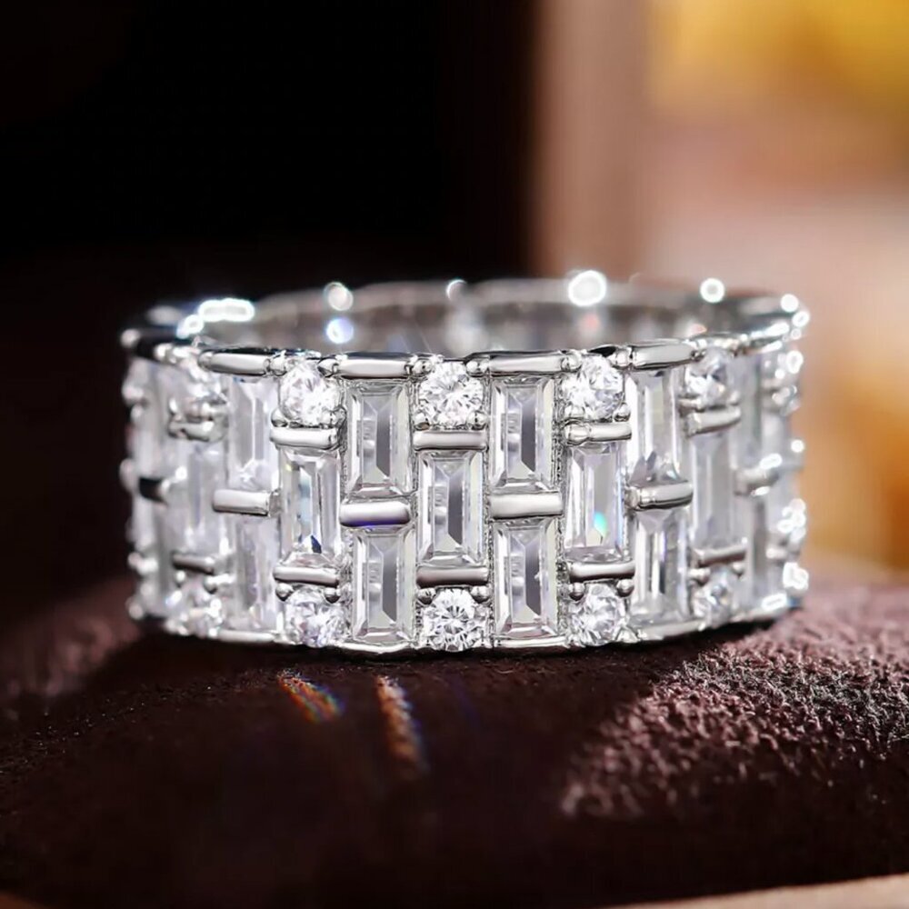 Elegant Silver Baguette & Round-Cut Eternity Ring - Women Jewelry